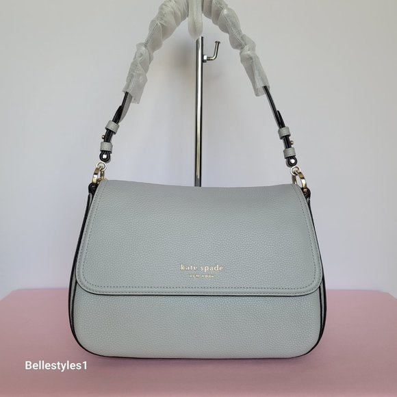 KATE SPADE Hudson Pebbled Leather Medium Flap Convertible Shoulder Bag-Platinum⭐ - Picture 5 of 16